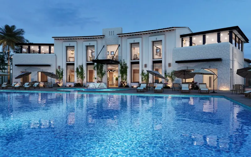 Hotel exterior with a swimming pool