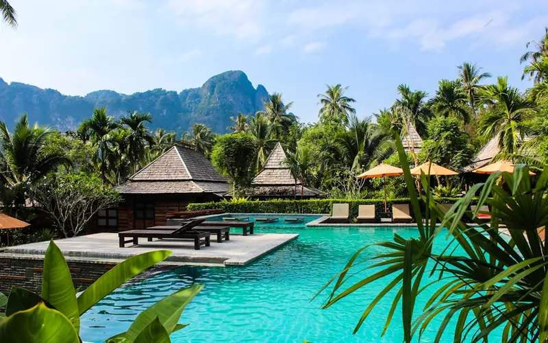 Resort pool surrounded by palms